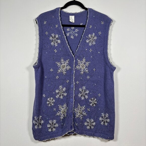 Vintage Snowflake Embroidered Beaded Knit Vest Purple Blue Holiday Size Medium - Picture 2 of 8